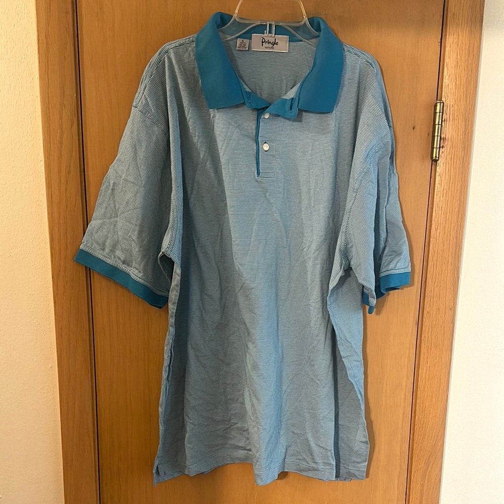 Pringle Scotland Men’s Striped Polo Shirt Cotton Blue Size XL
